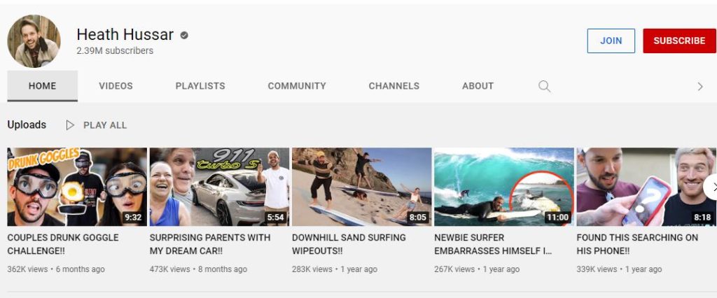 Heath Hussar's YouTube channel