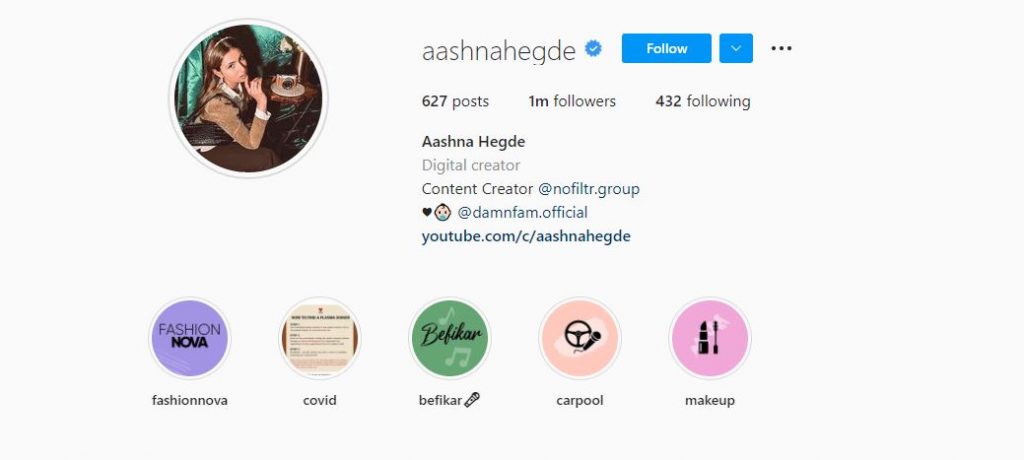 Aashna Hegde's Instagram profile