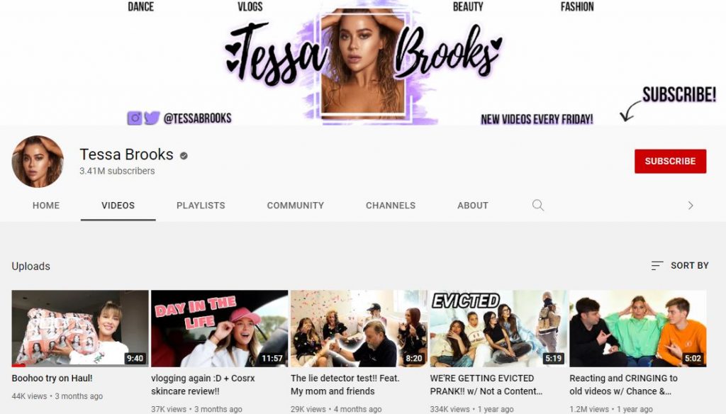 Tessa Brooks's YouTube channel