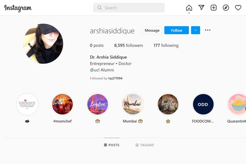 Arshia Siddique Instagram account