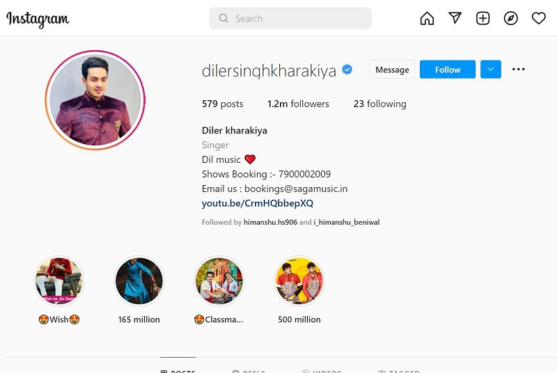 Diler Kharkiya Instagram account has 1.2 m followers