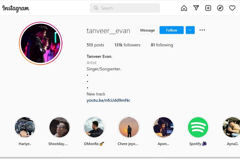Tanveer Evan Instagram account