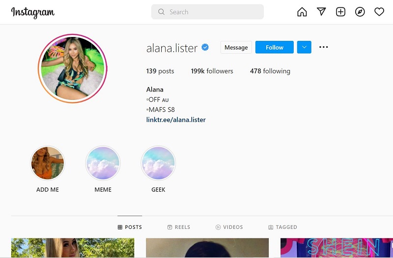 Alana Lister Instgarm account