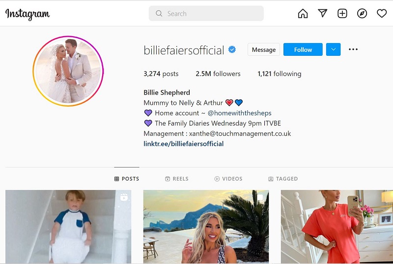 Billie Faiers Shepherd has 2.5 million on Instagram