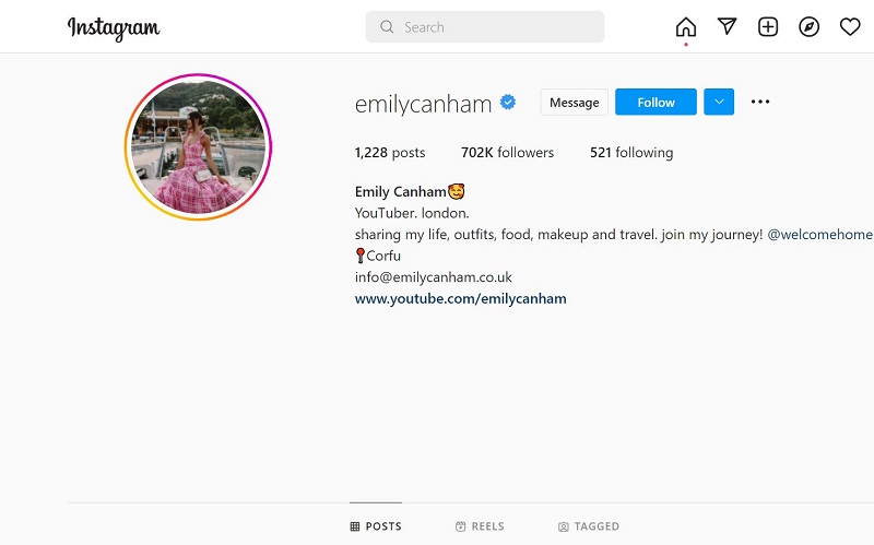 Emily Canham Instagram account has 702k followers