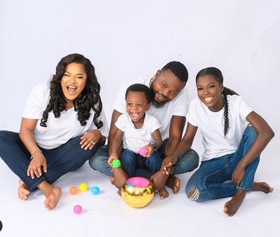 Toyin Abraham with her spouse Kola Ajeyemi son Ire Abraham Ajeyemi and step-daughter Temitope Ajeyemi