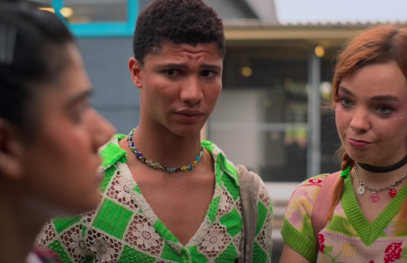 Chloé Hayden with co actors James Majoos and Ayesha Madon in the Netflix series Heartbreak High