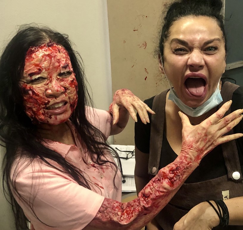 Joycelyne Lew in an ugly makeup for a movie scene