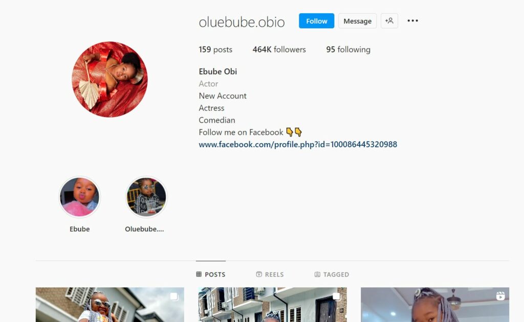 Oluebube Obio's Instagram profile