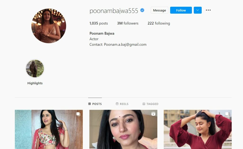 Poonam Bajwa's Instagram profile