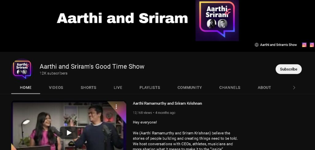 Sriram Krishnan and his wife Aarti Ramamurthy's YouTube channel