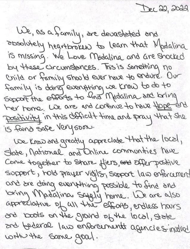 A letter from Madalina's family members