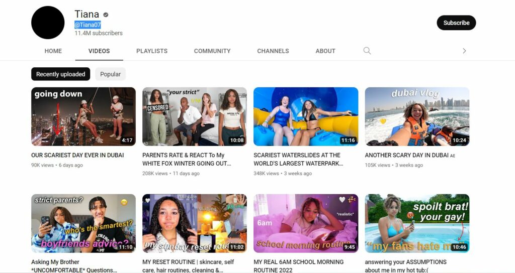 Tiana Wilson's YouTube channel