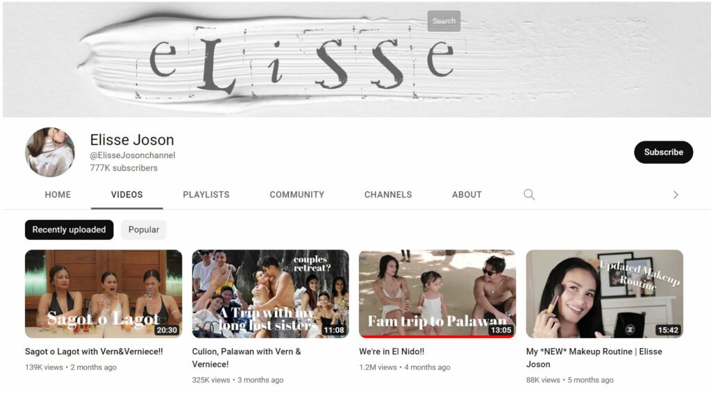 Elisse Joson YouTube channel