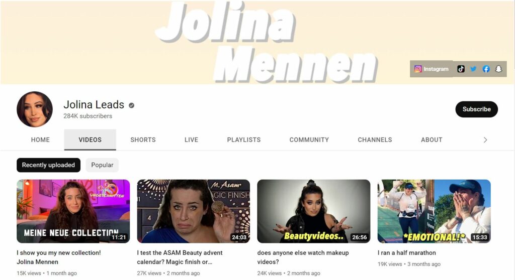Jolina Mennen's YouTube channel