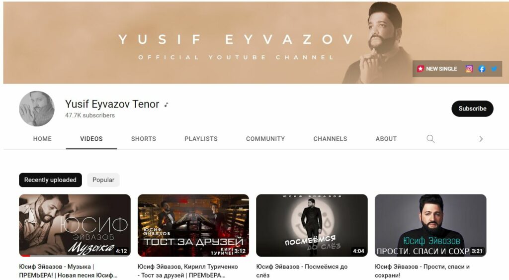 Yusif Eyvazov's YouTube channel