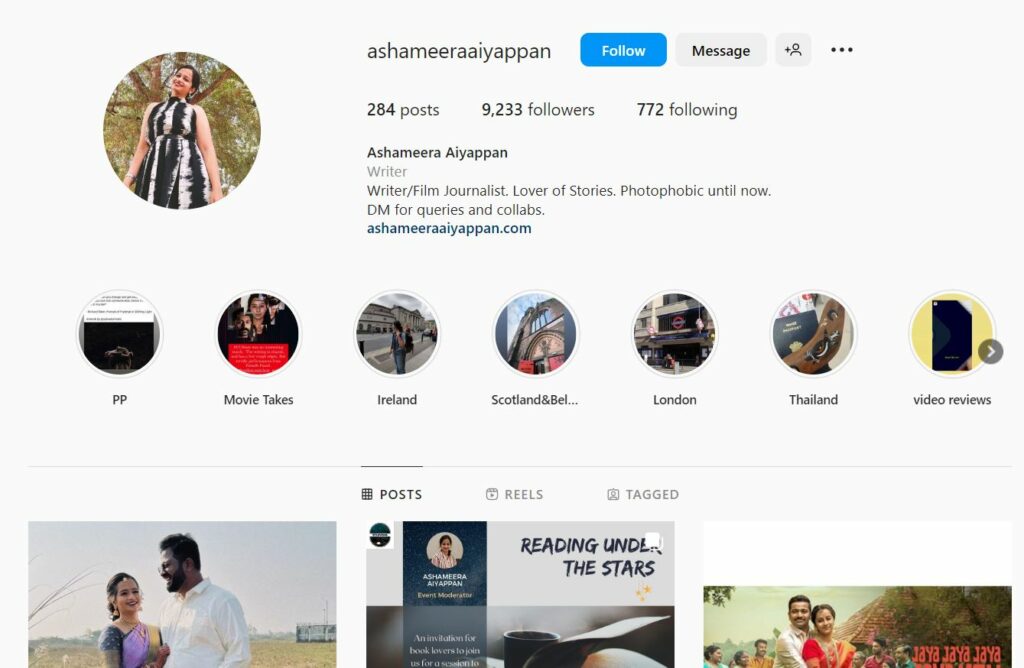 Ashameera Aiyappan's Instagram profile