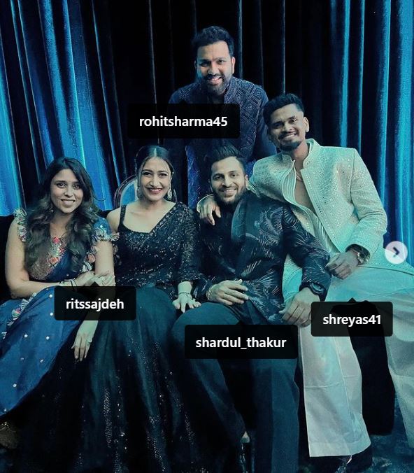 Dhanashree Verma with Rohit Sharma, Shreyas Iyer, Ritika Sajdeh, and Shardul Thakur