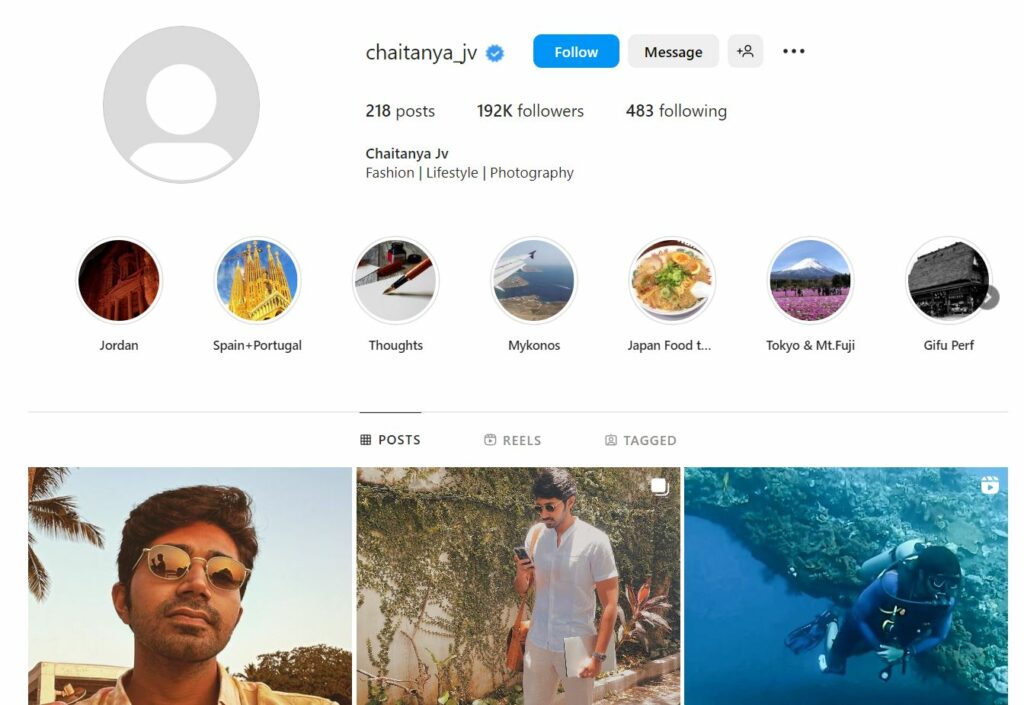 Chaitanya Jonnalagadda's Instagram profile