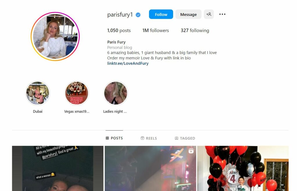 Paris Fury's Instagram profile