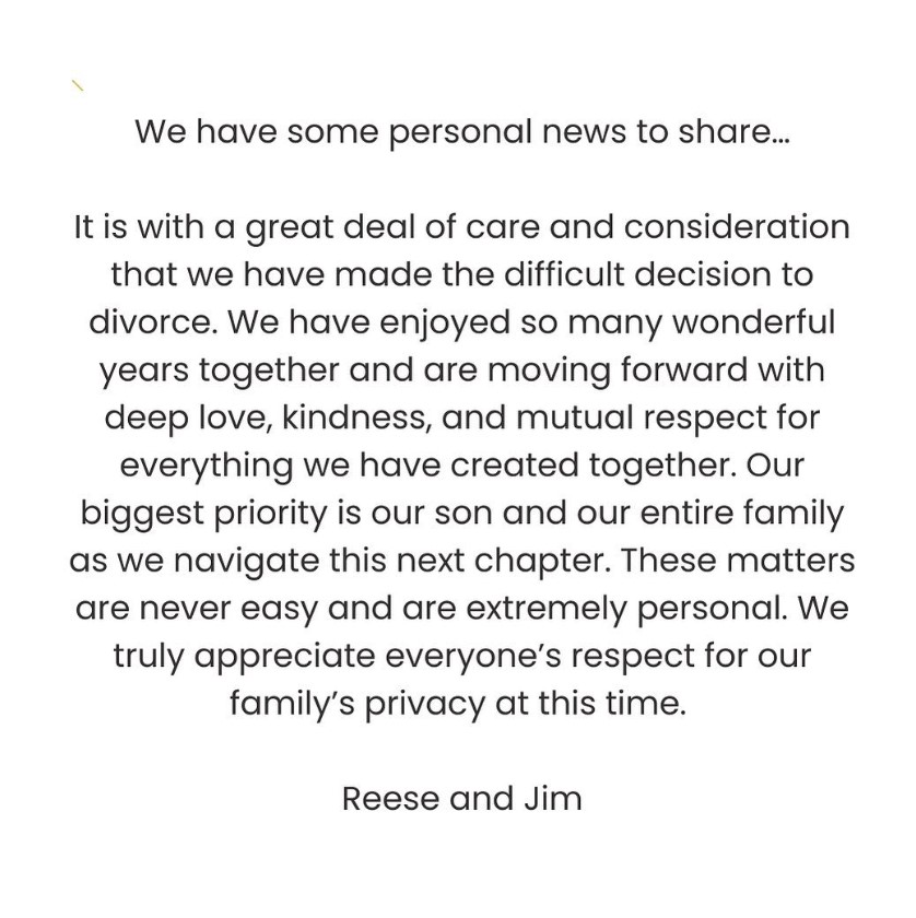 Reese Witherspoon and Jim Toth have announced their divorce