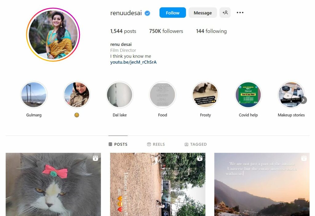 Renu Desai's Instagram profile