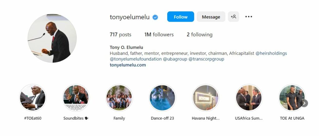 Tony Elumelu's Instagram profile