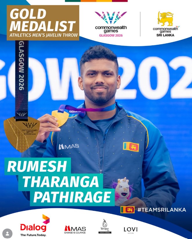 Rumesh Tharanga after winning a gold medal in the javelin throw at the Commonwealth Games, organised in Glasgow